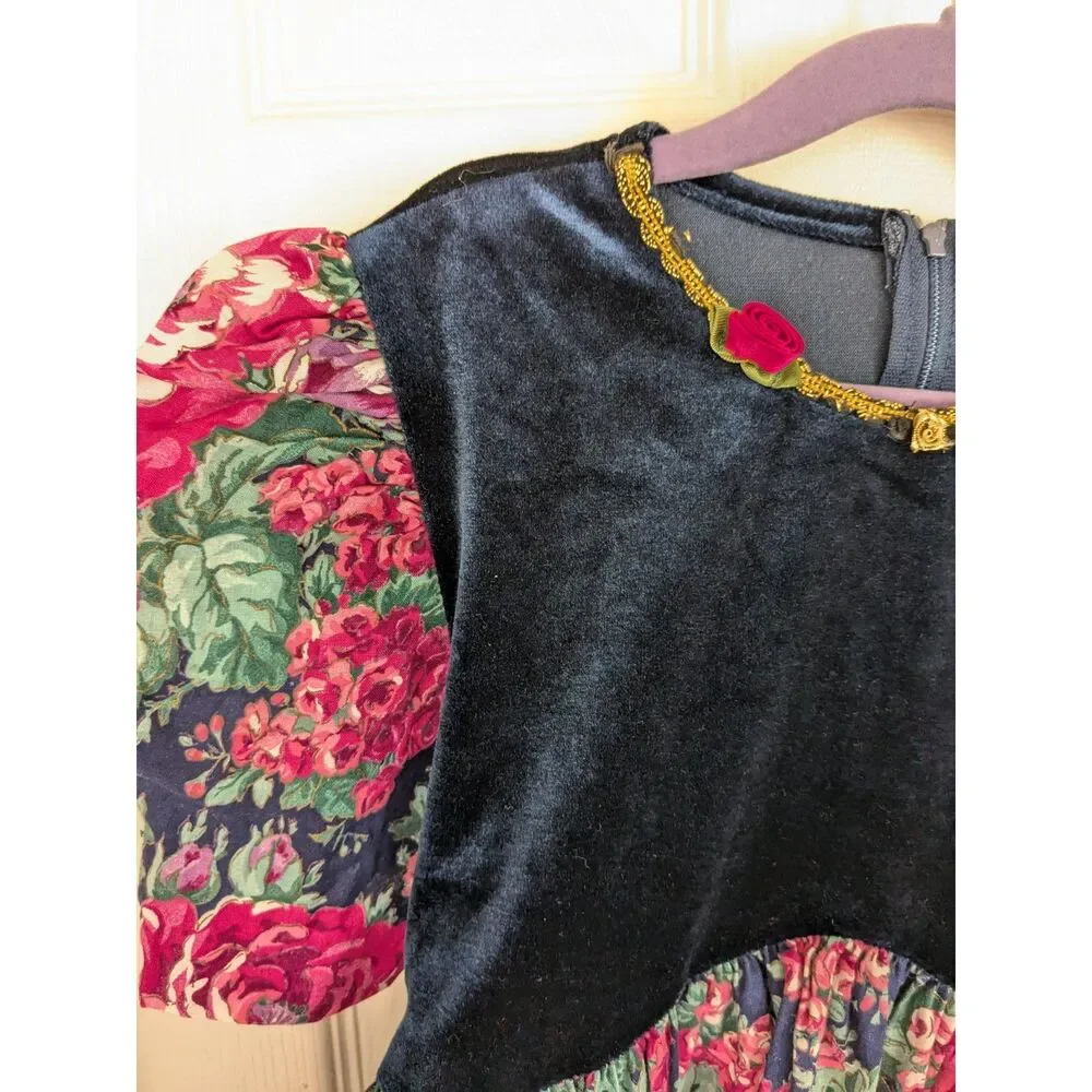 Vintage Kokomo Kids Floral and Velvety Dress - Size 10 - Blue, Pink, Green
